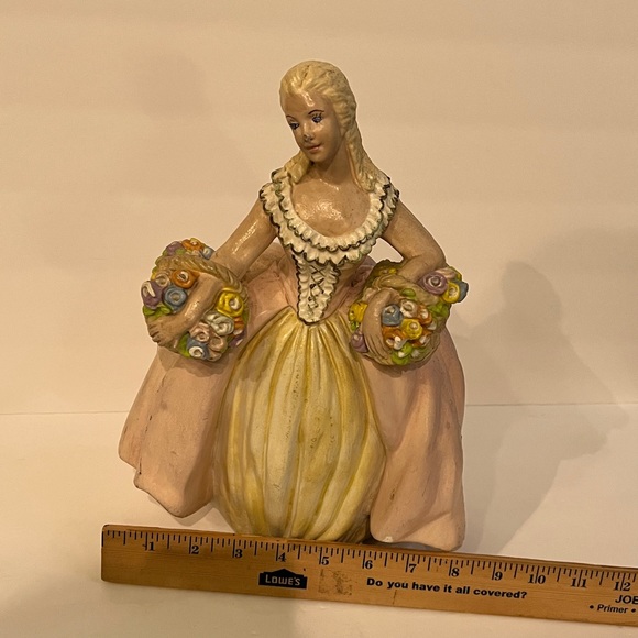 Vintage Chalkware 12” Victorian Lady With 2 Baskets of Flowers Figurine Doorstop - Picture 16 of 16